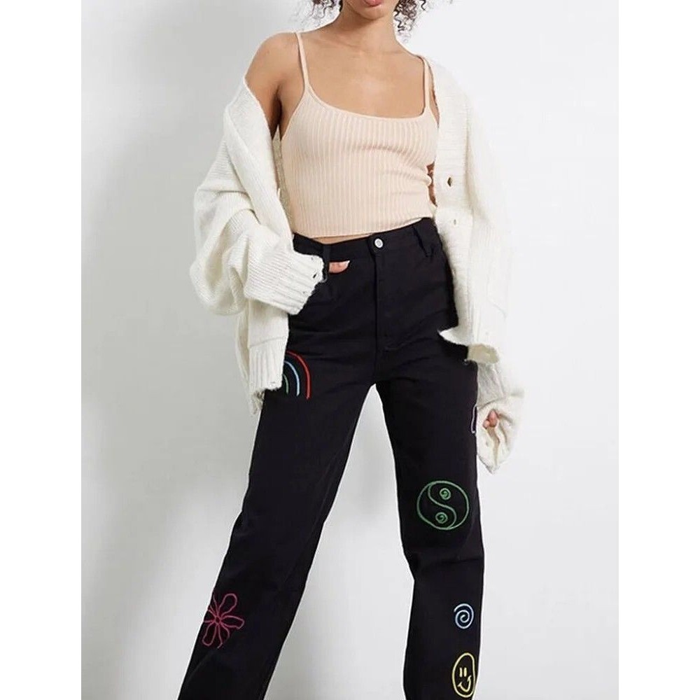 Pacsun Black Colorful Stitch '90s Boyfriend Carpenter Pants Sz 25 embroidered